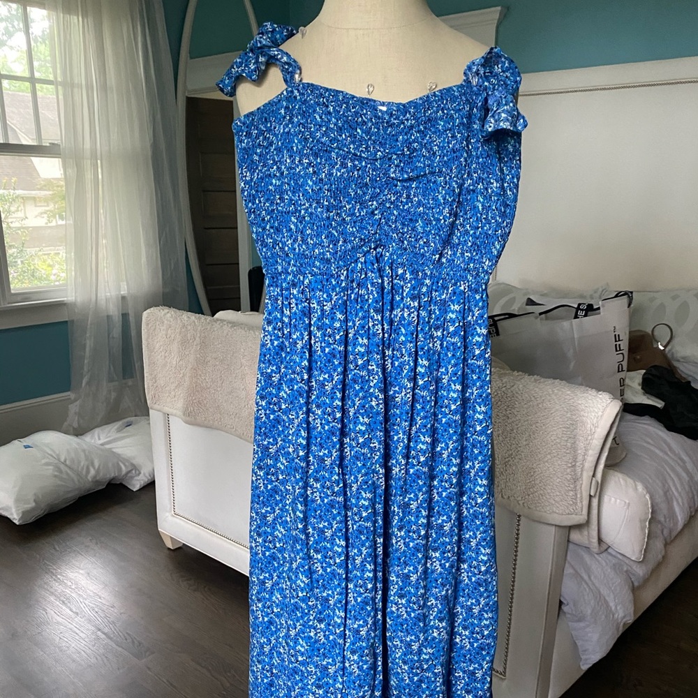Floral printed high low blue dress